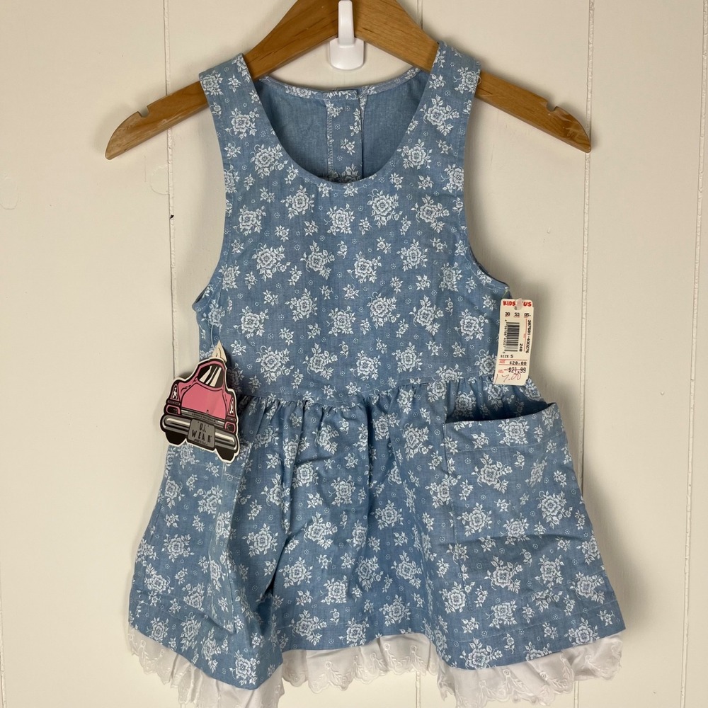 Vintage NWT U.S. Wear Girls Size 5 Blue Floral Jumper Dress Lace Hem USA 90s